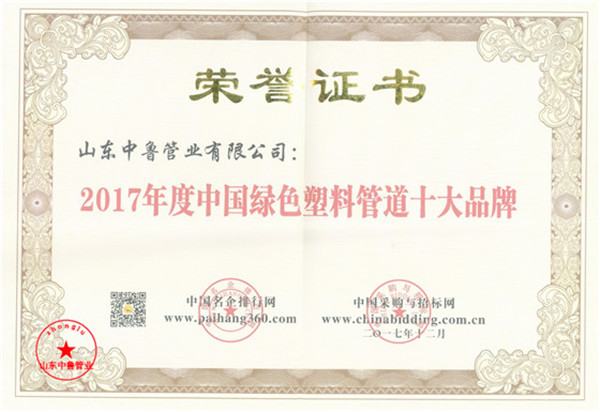 2017年度中国绿色管道十大品牌荣誉证书